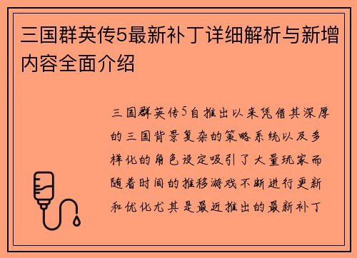 三国群英传5最新补丁详细解析与新增内容全面介绍