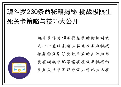 魂斗罗230条命秘籍揭秘 挑战极限生死关卡策略与技巧大公开